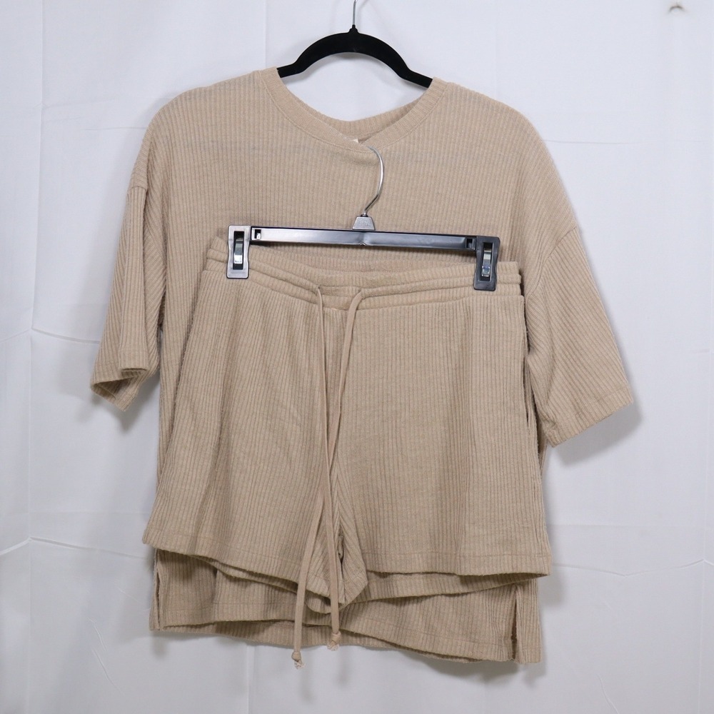 Wishlist Ribbed Lounge Set S/M Tan Womens Short Sleeve Shorts Casual